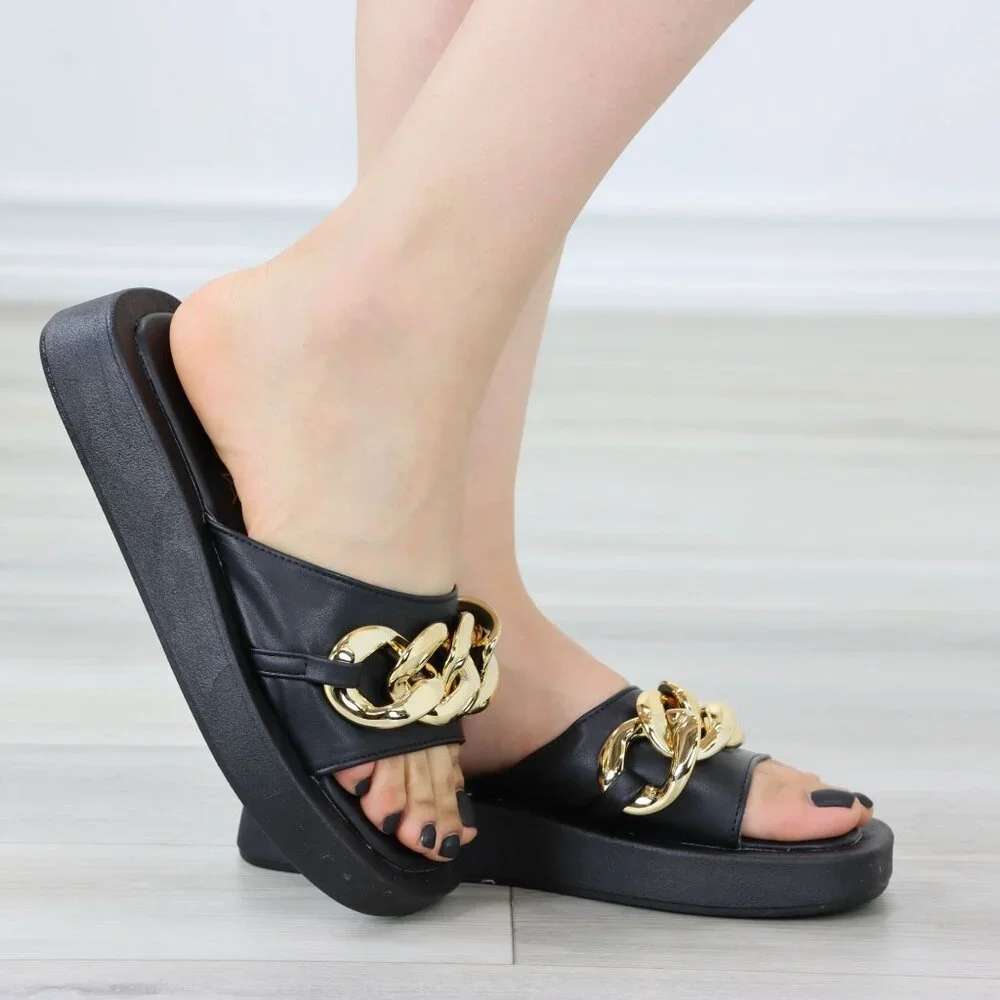 Black Chunky Comfy Flat Sandal Slip On Sliders - Picture 6 of 14
